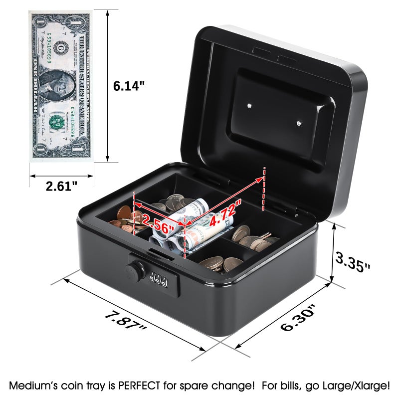 KYODOLED Cash Box with Combination Lock Safe Metal Money Box with Money Tray for Security Lock Box 7.87"x 6.30"x 3.35" Black - Image 2
